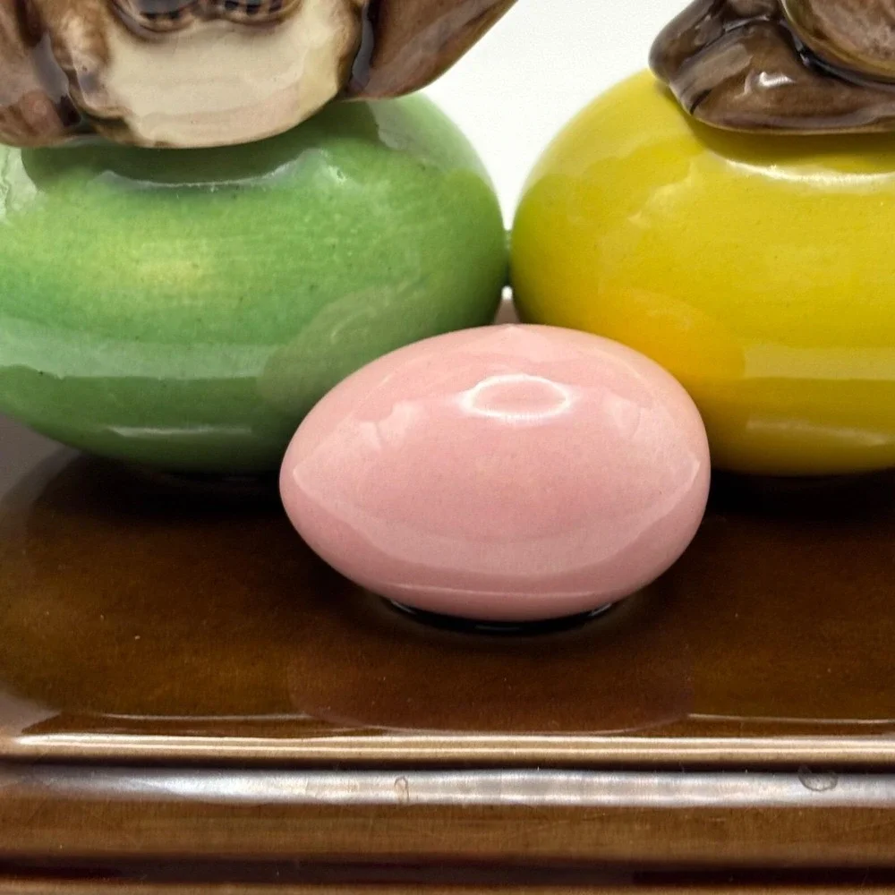 Ceramic Easter Bunnies on‎ Eggs Figurine Spring Holiday Decor Cute